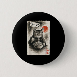 Funny Cat Eating Ramen Noodles Sumi-e Japanese Kaw 6 Cm Round Badge
