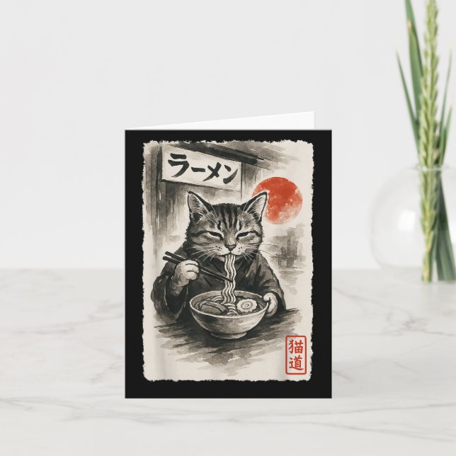 Funny Cat Eating Ramen Noodles Sumi-e Japanese Kaw Card (Front)