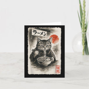 Funny Cat Eating Ramen Noodles Sumi-e Japanese Kaw Card
