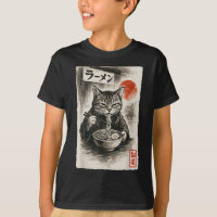 Funny Cat Eating Ramen Noodles Sumi-e Japanese Kaw