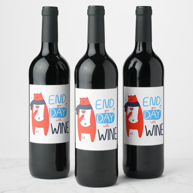 Funny Cat End Your Day With Wine Wine Label (Bottles)