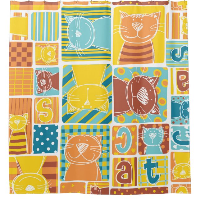 Funny cat fabric patchwork wallpaper,abstract seam shower curtain (Front)