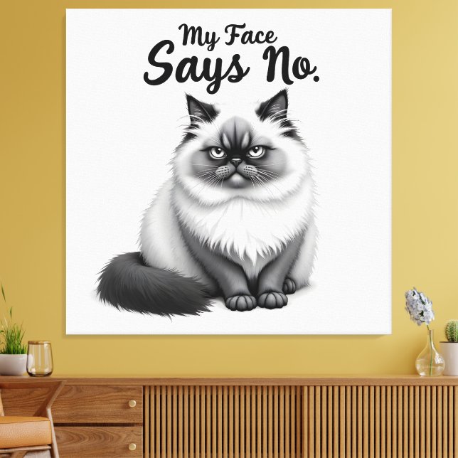 Funny Cat Face Illustration – Minimal Cute Cat Art Canvas Print (Insitu(LivingRoom))