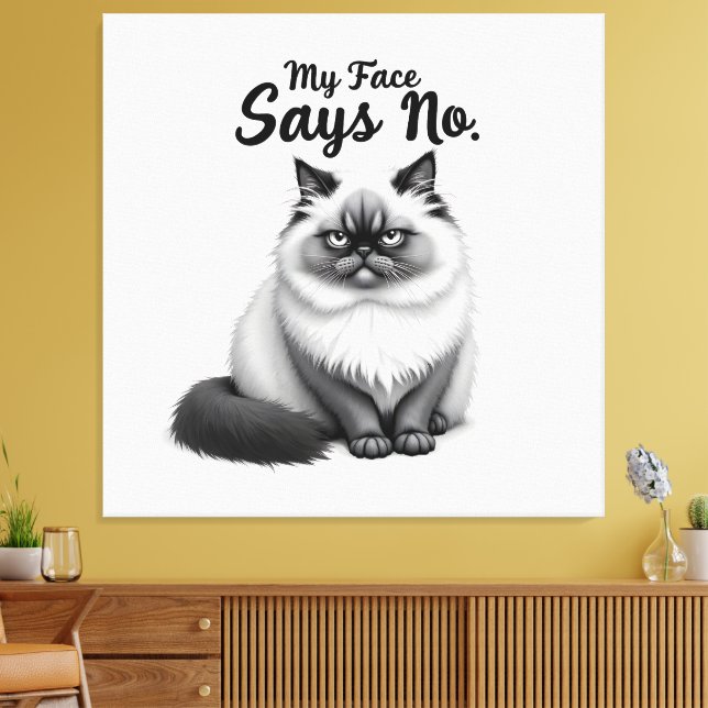 Funny Cat Face Illustration – Minimal Cute Cat Art Canvas Print (Insitu(LivingRoom))