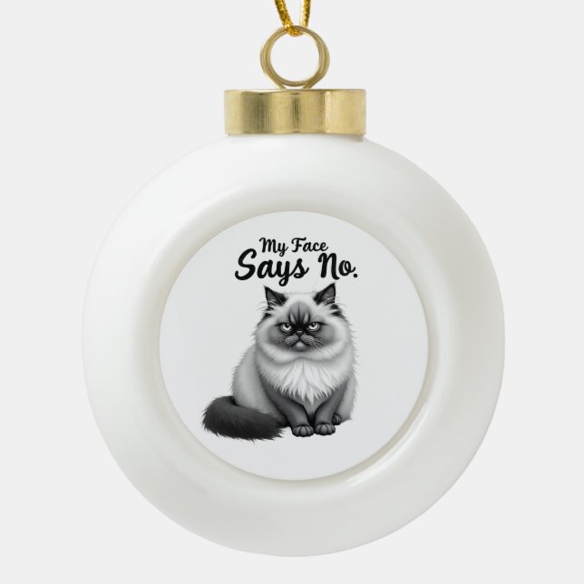 Funny Cat Face Illustration – Minimal Cute Cat Art Ceramic Ball Christmas Ornament (Front)