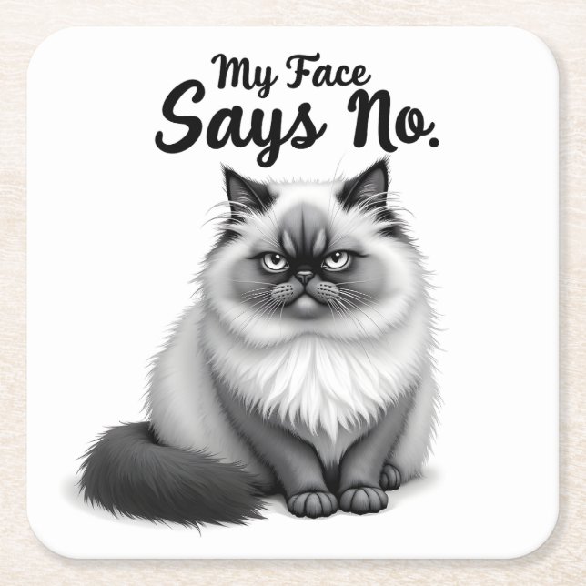 Funny Cat Face Illustration – Minimal Cute Cat Art Square Paper Coaster (Front)