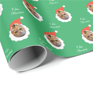 Funny Cat Face Merry Christmas Spanish Photo Wrapping Paper