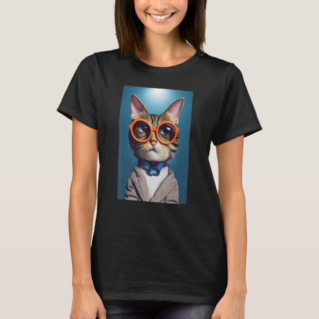 Funny Cat Face With Funky Glasses Retro Nerd Cat T-Shirt (Front)