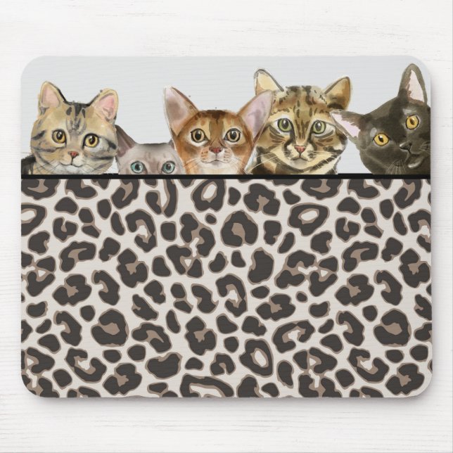 Funny Cat Faces on Leopard Print Mousepad (Front)