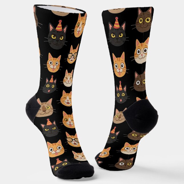 Funny Cat Faces Pattern Crew Socks (Angled)