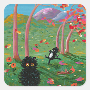 Funny Cat Fall Leaves Cartoon Creationarts Square Sticker