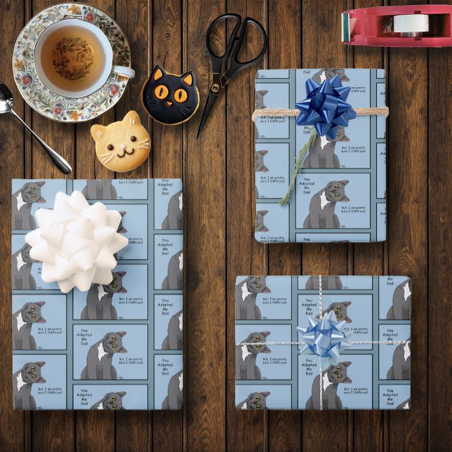 Funny Cat Father’s Day Grey Cat Blue Wrapping Paper Sheet (Creator Uploaded)