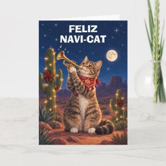 Funny Cat Feliz Navi-Cat Trumpet Christmas Card