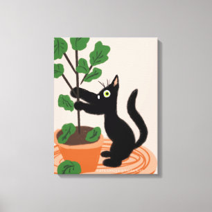 Funny Cat Fig Tree Potted Plants Hand Drawn  Canvas Print