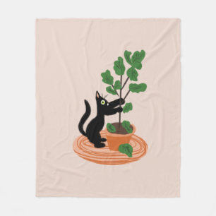 Funny Cat Fig Tree Potted Plants Hand Drawn Fleece Blanket