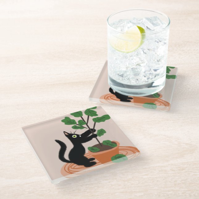 Funny Cat Fig Tree Potted Plants Hand Drawn     Glass Coaster (Angled)