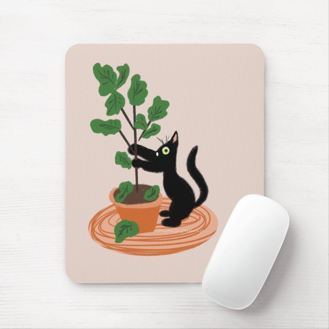 Funny Cat Fig Tree Potted Plants Hand Drawn    Mouse Mat (With Mouse)