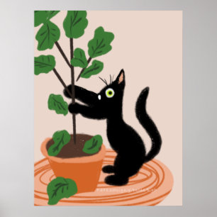 Funny Cat Fig Tree Potted Plants Hand Drawn Poster