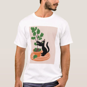 Funny Cat Fig Tree Potted Plants Hand Drawn    T-Shirt