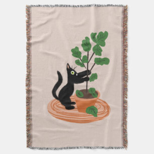 Funny Cat Fig Tree Potted Plants Hand Drawn Throw Blanket