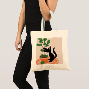 Funny Cat Fig Tree Potted Plants Hand Drawn     Tote Bag