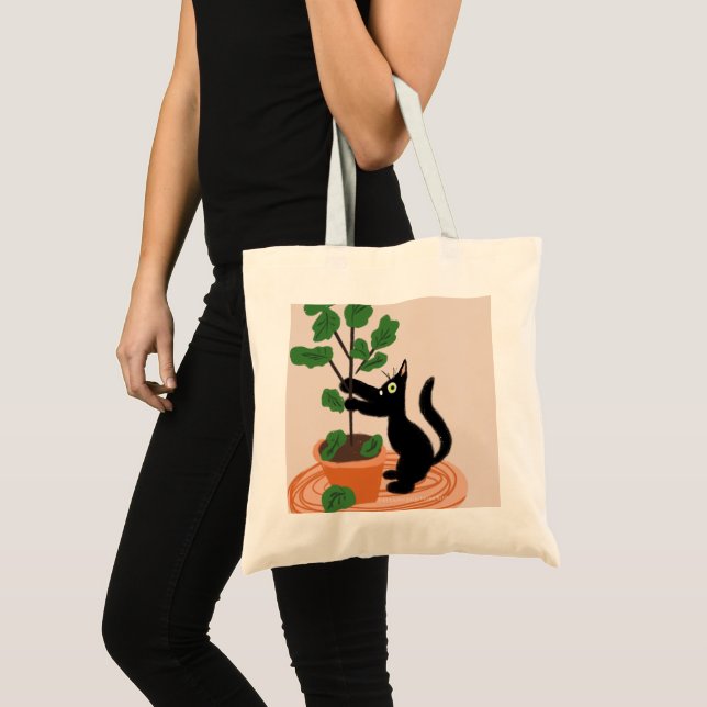 Funny Cat Fig Tree Potted Plants Hand Drawn     Tote Bag (Front (Product))
