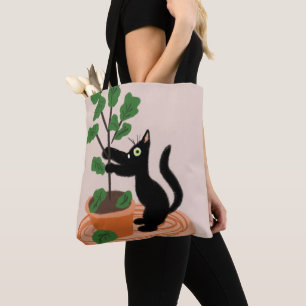 Funny Cat Fig Tree Potted Plants Hand Drawn Tote Bag