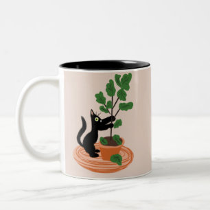 Funny Cat Fig Tree Potted Plants Hand Drawn Two-Tone Coffee Mug