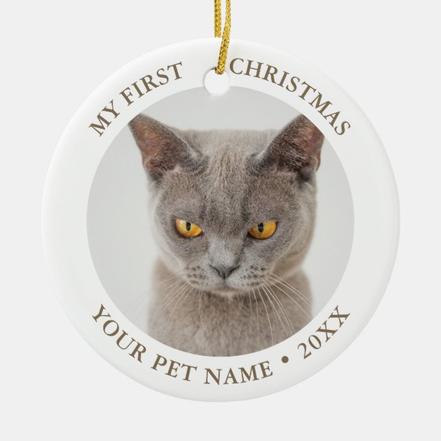 Funny Cat First Christmas Photo Ceramic Tree Decoration (Front)