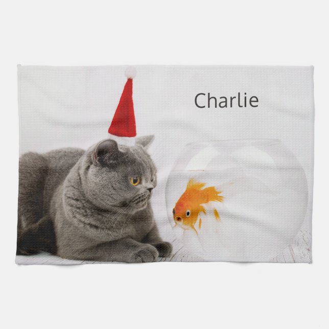 Funny Cat & Fish custom name hand towel (Horizontal)