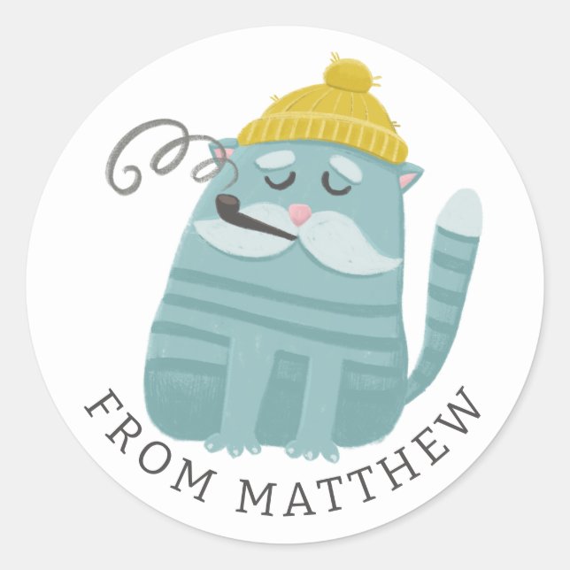 Funny Cat Fisherman & Sailor. Nautical Party Favou Classic Round Sticker (Front)