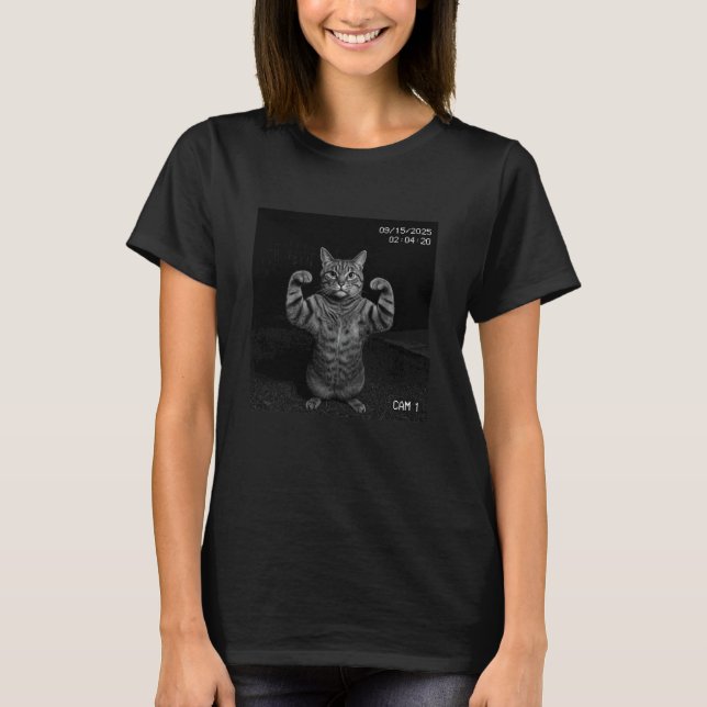 Funny Cat Flexing On Security Camera T-Shirt (Front)