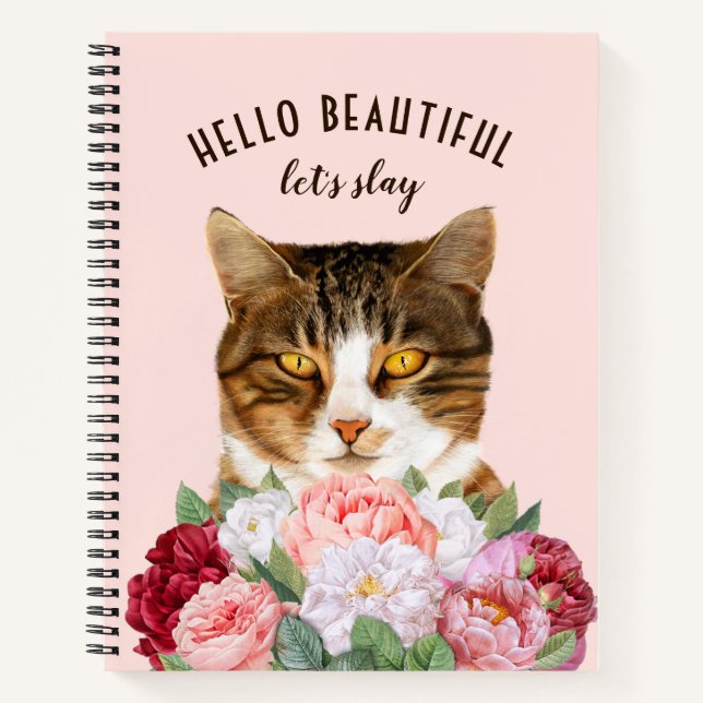 Funny Cat Flowers Hello Beautiful Pink Notebook (Front)