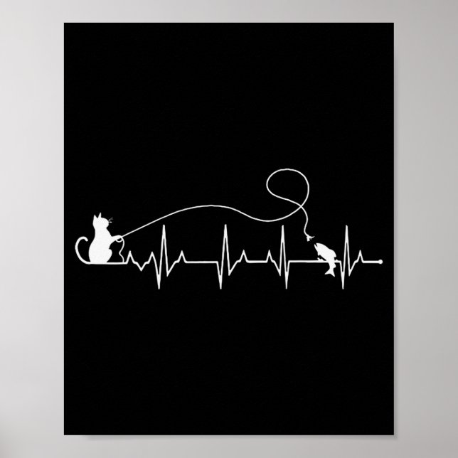 Funny Cat Fly Fishing Fisherman Heartbeat Line Hea Poster (Front)