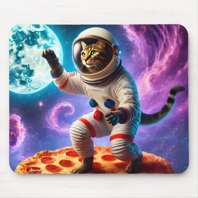 Funny Cat Flying A Pizza Astronaut Kitty Space Mouse Mat (Front)