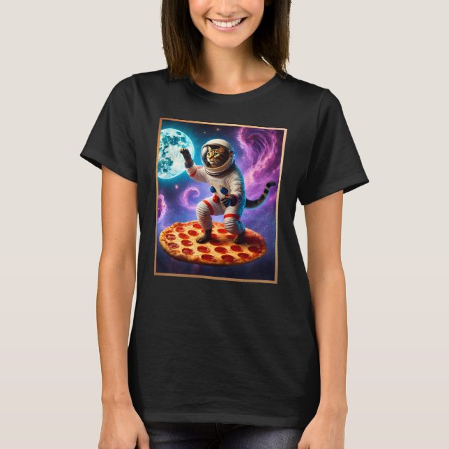 Funny Cat Flying A Pizza Astronaut Kitty Space T-Shirt (Front)