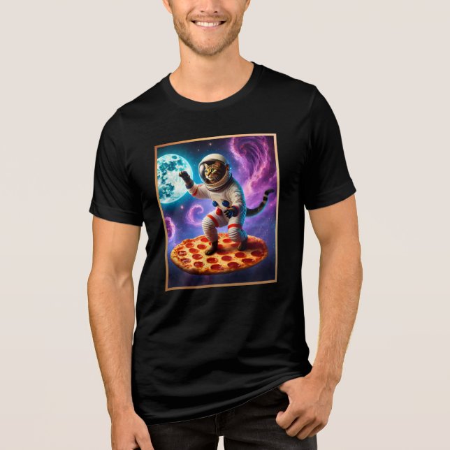 Funny Cat Flying A Pizza Astronaut Kitty Space Tri-Blend Shirt (Front)