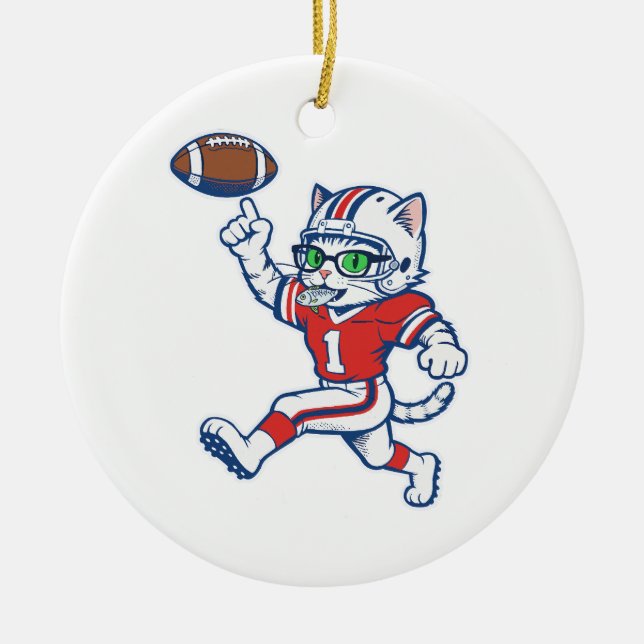 Funny Cat Football Player Ceramic Tree Decoration (Front)