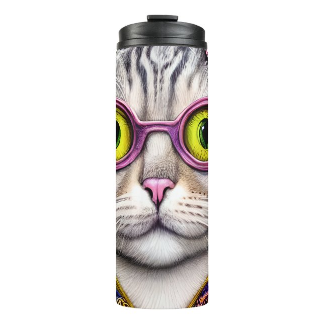 Funny Cat Funky Retro Wearing Glasses Thermal Tumbler (Front)