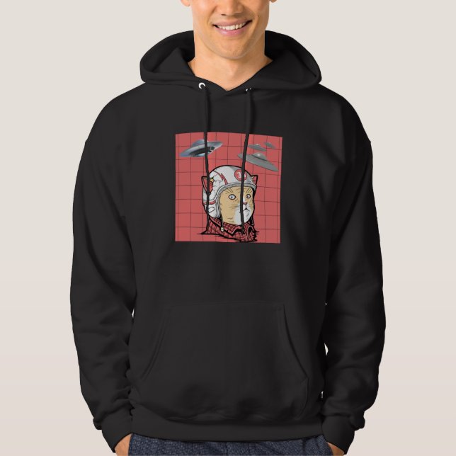 Funny Cat Galaxy Spaceship Alien UFO Retro Funny Hoodie (Front)