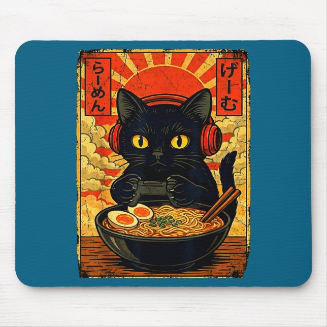 Funny Cat Gamer Men Anime Kawaii Gaming Headset Ca Mouse Mat (Front)