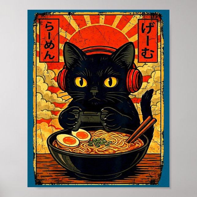 Funny Cat Gamer Men Anime Kawaii Gaming Headset Ca Poster (Front)