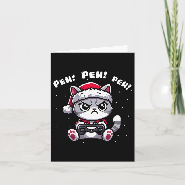Funny Cat Gamer Pew Video Game Christmas Boys Kids Card (Front)