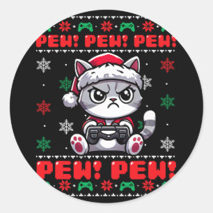 Funny Cat Gamer Pew Video Game Ugly Christmas Boys Classic Round Sticker