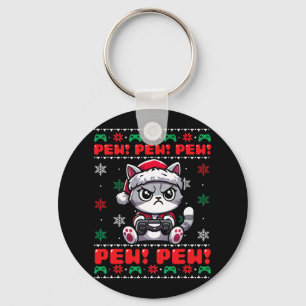 Funny Cat Gamer Pew Video Game Ugly Christmas Boys Key Ring