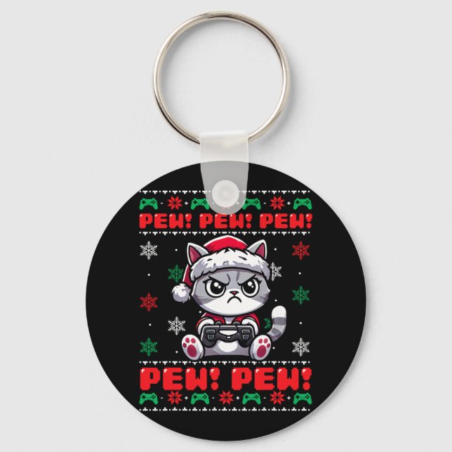 Funny Cat Gamer Pew Video Game Ugly Christmas Boys Key Ring (Front)