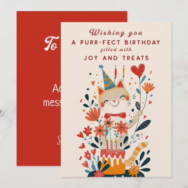 Funny Cat Garden Birthday Invitation Card (Front/Back)