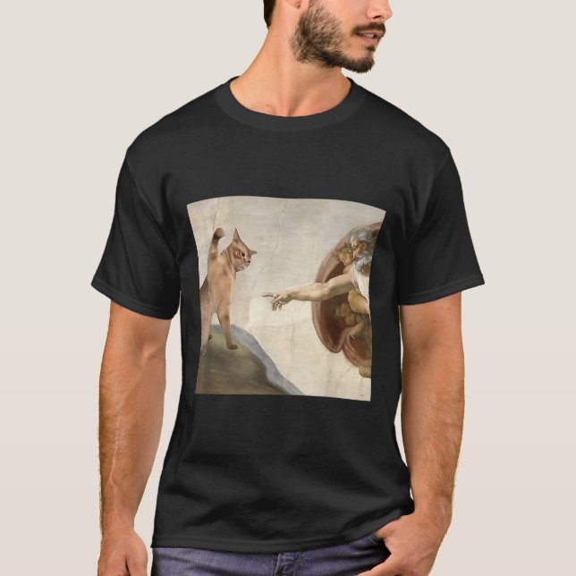 Funny Cat God Creation Of Adam Meme Jesus  T-Shirt (Front)