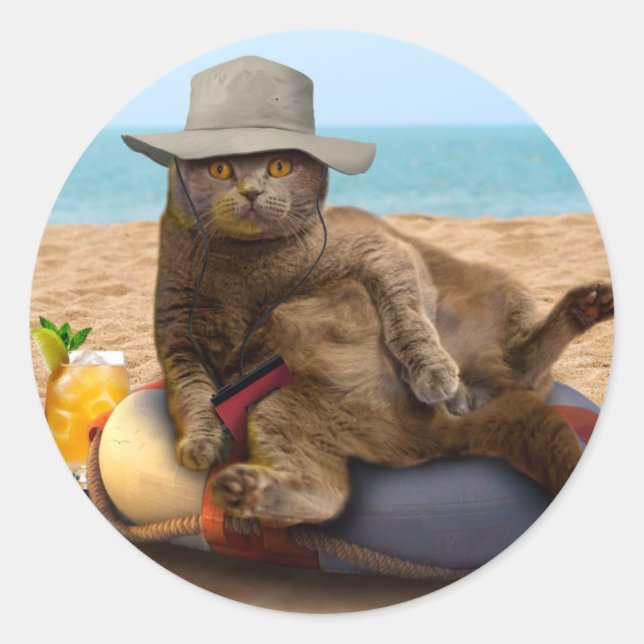 Funny cat going on vacation classic round sticker (Front)