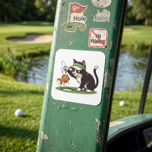 Funny Cat Golfer Fishing Water Hazard Square Sticker
